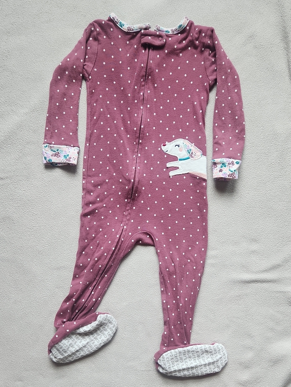 Polka Dot Plum One-Piece Footed Pajamas with Puppy Applique